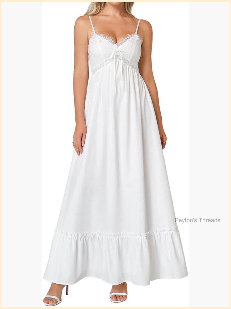 Lace Smocked Back Maxi Dress With Spaghetti Strap V Neck Ruffle Hem Flowy Beach